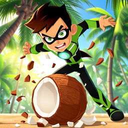 A dynamic scene featuring Ben Tennyson, a teenage hero from the animated series, performing a daring move called 'mosaic' on a coconut