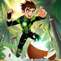 A dynamic scene featuring Ben Tennyson, a teenage hero from the animated series, performing a daring move called 'mosaic' on a coconut