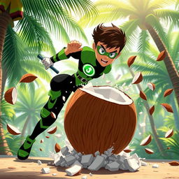 A dynamic scene featuring Ben Tennyson, a teenage hero from the animated series, performing a daring move called 'mosaic' on a coconut