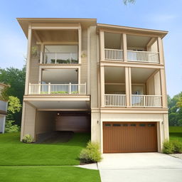 A beautiful three-story building with dimensions of 100ft x 30ft, boasting an integrated garage on the right side. The garage contains interior stairs leading to the upper floors.