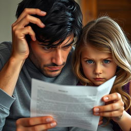 A heart-wrenching scene of a father reading a sad letter, showcasing his black hair and honey-colored eyes welling up with tears
