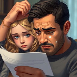 A heart-wrenching scene of a father reading a sad letter, showcasing his black hair and honey-colored eyes welling up with tears