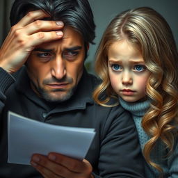 A heart-wrenching scene of a father reading a sad letter, showcasing his black hair and honey-colored eyes welling up with tears