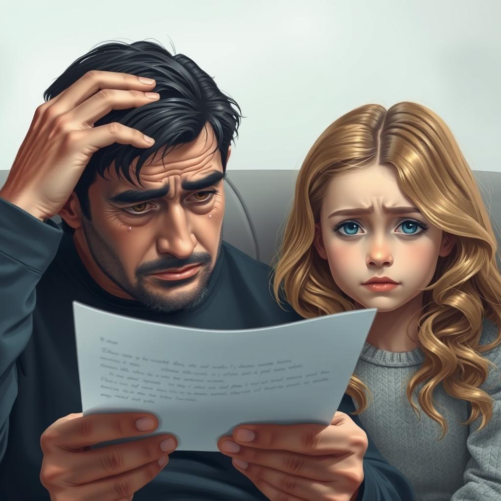 A heart-wrenching scene of a father reading a sad letter, showcasing his black hair and honey-colored eyes welling up with tears