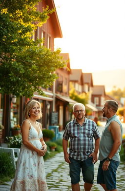 A serene and nostalgic landscape of a small charming hometown featuring rustic houses with wooden facades, a quaint main street lined with colorful storefronts, and lush green trees surrounding the area