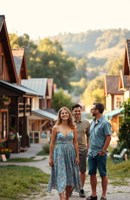 A serene and nostalgic landscape of a small charming hometown featuring rustic houses with wooden facades, a quaint main street lined with colorful storefronts, and lush green trees surrounding the area