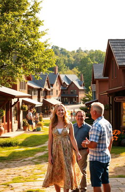 A serene and nostalgic landscape of a small charming hometown featuring rustic houses with wooden facades, a quaint main street lined with colorful storefronts, and lush green trees surrounding the area