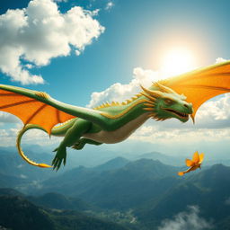 A majestic dragon soaring through the sky, its scales shimmering in shades of emerald green and gold