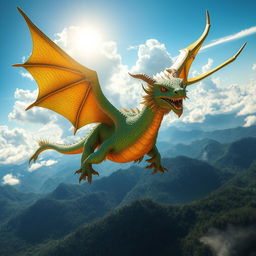 A majestic dragon soaring through the sky, its scales shimmering in shades of emerald green and gold