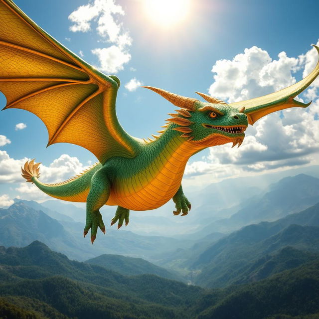 A majestic dragon soaring through the sky, its scales shimmering in shades of emerald green and gold