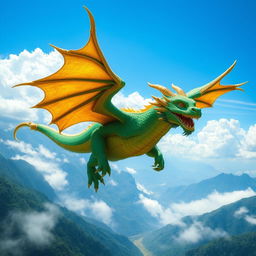 A majestic dragon soaring through the sky, its scales shimmering in shades of emerald green and gold