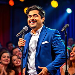 A vibrant and lively portrait of a comedic character inspired by Kapil Sharma, showcasing him on stage during a stand-up performance