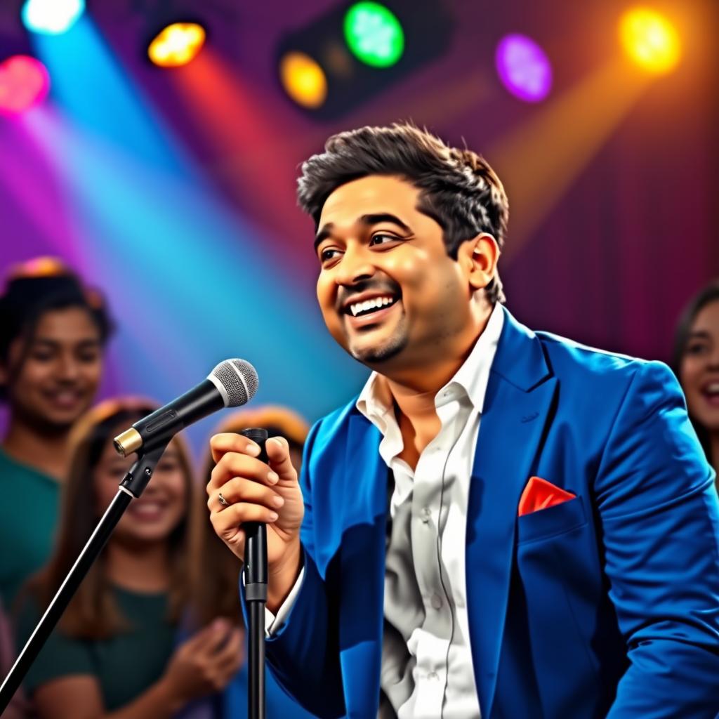 A vibrant and lively portrait of a comedic character inspired by Kapil Sharma, showcasing him on stage during a stand-up performance