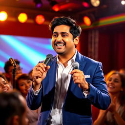 A vibrant and lively portrait of a comedic character inspired by Kapil Sharma, showcasing him on stage during a stand-up performance