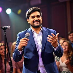 A vibrant and lively portrait of a comedic character inspired by Kapil Sharma, showcasing him on stage during a stand-up performance