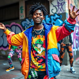 An African young man dressed in vibrant anime-inspired clothing, showcasing a variety of dynamic poses that capture a playful and adventurous spirit