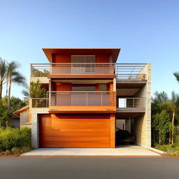 A beautiful three-story building with dimensions of 100ft x 30ft, boasting an integrated garage on the right side. The garage contains interior stairs leading to the upper floors.