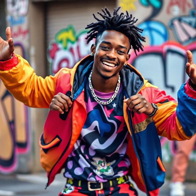 An African young man dressed in vibrant anime-inspired clothing, showcasing a variety of dynamic poses that capture a playful and adventurous spirit