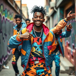 An African young man dressed in vibrant anime-inspired clothing, showcasing a variety of dynamic poses that capture a playful and adventurous spirit