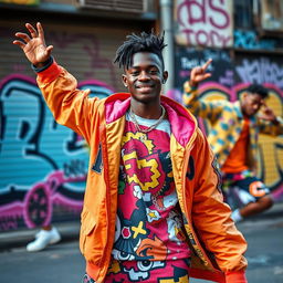 An African young man dressed in vibrant anime-inspired clothing, showcasing a variety of dynamic poses that capture a playful and adventurous spirit