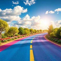 A vibrant and colorful road background featuring a winding pathway with trees and flowers on either side