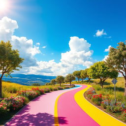 A vibrant and colorful road background featuring a winding pathway with trees and flowers on either side
