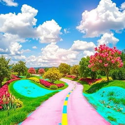 A vibrant and colorful road background featuring a winding pathway with trees and flowers on either side