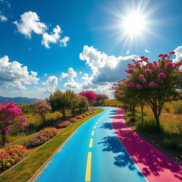 A vibrant and colorful road background featuring a winding pathway with trees and flowers on either side