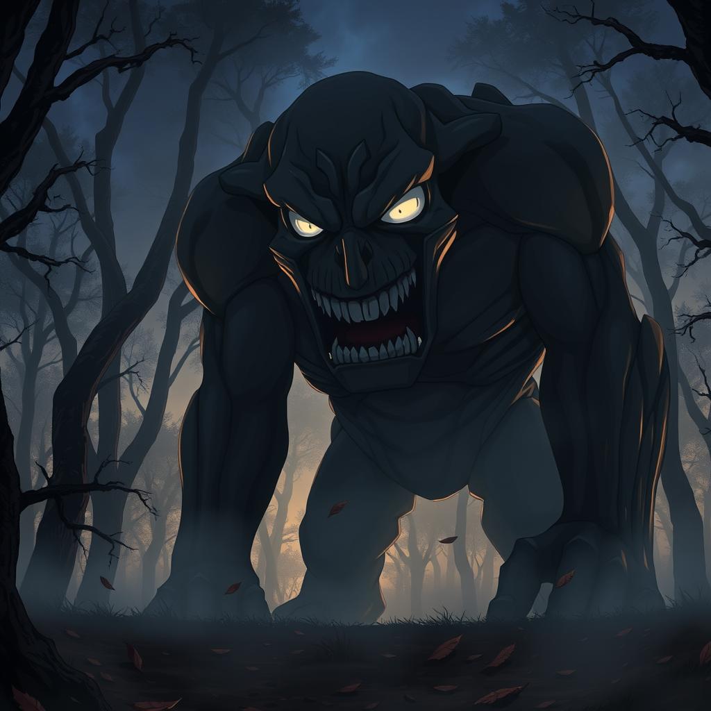 A large, intimidating Titan from the Attack on Titan anime series with a fearsome expression, standing in a dark, ominous forest