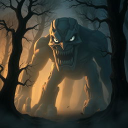 A large, intimidating Titan from the Attack on Titan anime series with a fearsome expression, standing in a dark, ominous forest