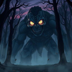A large, intimidating Titan from the Attack on Titan anime series with a fearsome expression, standing in a dark, ominous forest