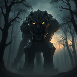 A large, intimidating Titan from the Attack on Titan anime series with a fearsome expression, standing in a dark, ominous forest