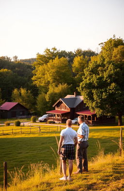 A serene and nostalgic landscape featuring a picturesque small farm with rustic houses, surrounded by lush green trees