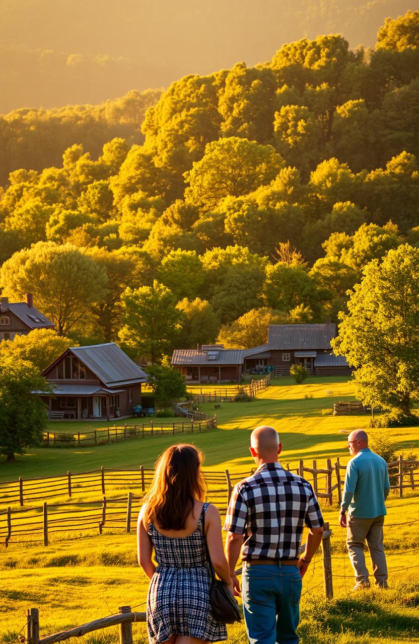 A serene and nostalgic landscape featuring a picturesque small farm with rustic houses, surrounded by lush green trees