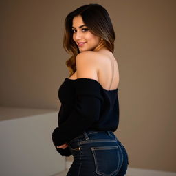 An attractive woman with large breasts wearing a cozy black sweater and fitted jeans, turned to her right, elegantly showcasing her figure