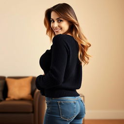 An attractive woman with large breasts wearing a cozy black sweater and fitted jeans, turned to her right, elegantly showcasing her figure