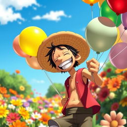 A whimsical scene featuring Usopp from One Piece joyfully holding colorful balloons, laughter on his face