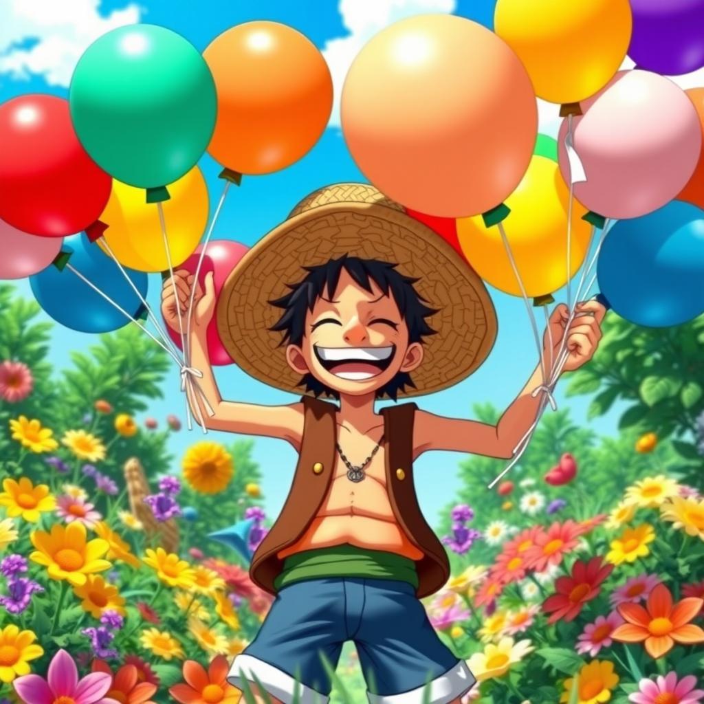 A whimsical scene featuring Usopp from One Piece joyfully holding colorful balloons, laughter on his face