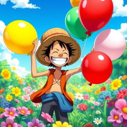 A whimsical scene featuring Usopp from One Piece joyfully holding colorful balloons, laughter on his face
