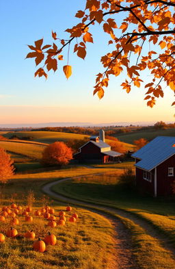 A picturesque autumn scene on a nostalgic farm, featuring rolling hills bathed in a warm, golden glow from the setting sun
