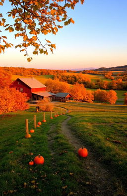 A picturesque autumn scene on a nostalgic farm, featuring rolling hills bathed in a warm, golden glow from the setting sun