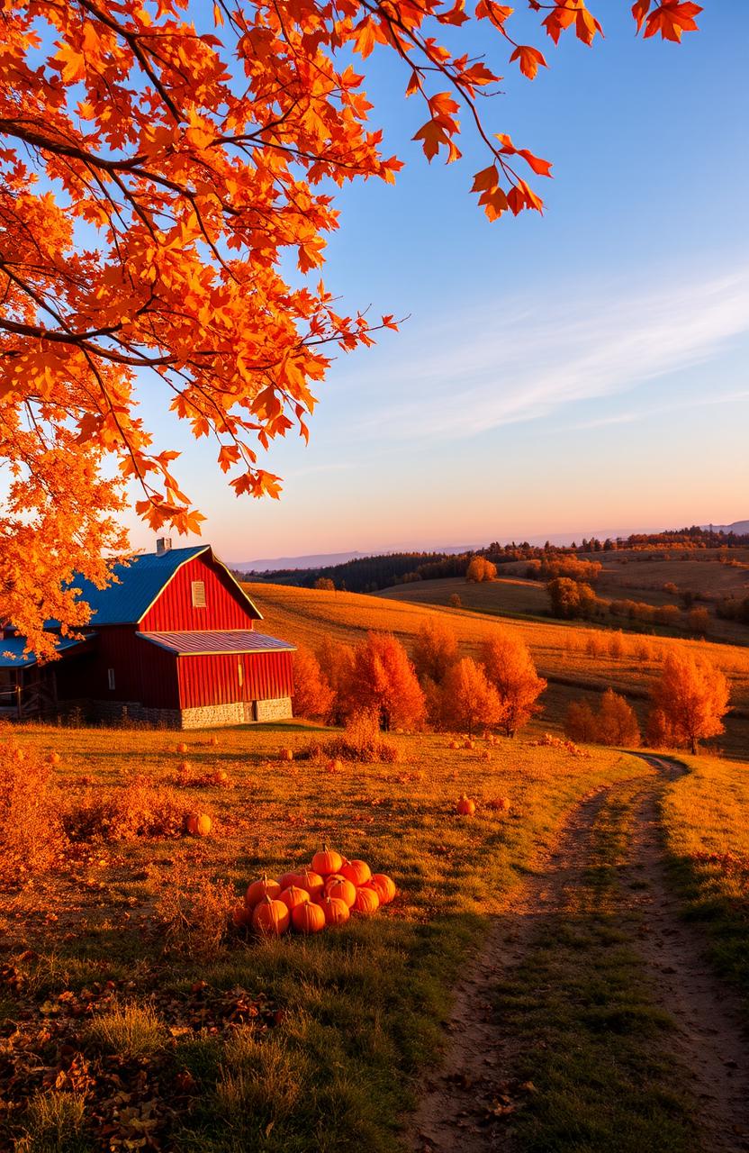 A picturesque autumn scene on a nostalgic farm, featuring rolling hills bathed in a warm, golden glow from the setting sun