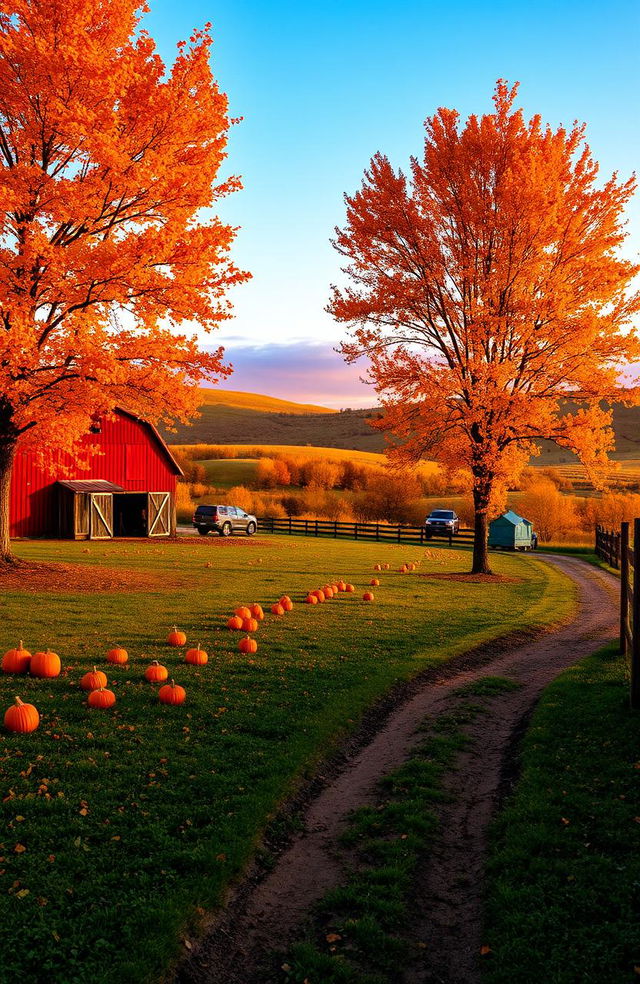 A picturesque autumn scene on a nostalgic farm, featuring rolling hills bathed in a warm, golden glow from the setting sun