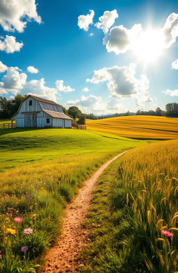 A charming summer scene on a nostalgic farm, featuring rolling hills covered in lush green grass and vibrant wildflowers