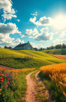 A charming summer scene on a nostalgic farm, featuring rolling hills covered in lush green grass and vibrant wildflowers