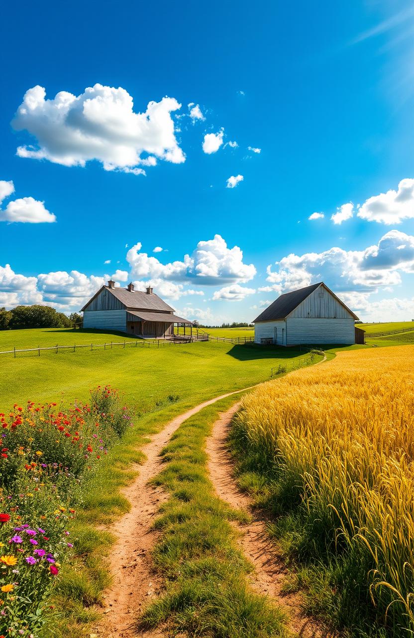 A charming summer scene on a nostalgic farm, featuring rolling hills covered in lush green grass and vibrant wildflowers