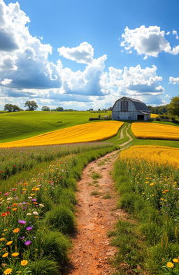 A charming summer scene on a nostalgic farm, featuring rolling hills covered in lush green grass and vibrant wildflowers