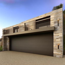 A three story 100ft x 30ft building with an aesthetically pleasing design, featuring a garage on the right side. Inside the garage, a staircase leads to the upper floors.