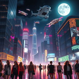 A futuristic city skyline under the night sky, illuminated by neon lights reflecting off glass buildings, with flying cars soaring between skyscrapers