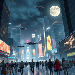 A futuristic city skyline under the night sky, illuminated by neon lights reflecting off glass buildings, with flying cars soaring between skyscrapers